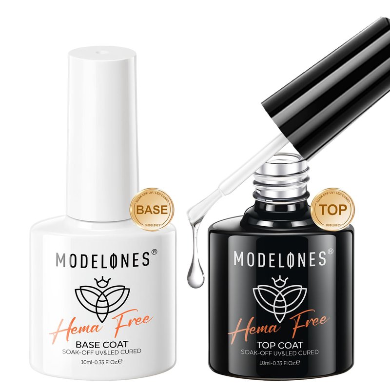 modelones Hema Free Gel Base Top Coat Set, 2 Pcs Clear Glossy Gel Nail Polish Long Lasting for Acrylic Nails Soak Off Nail Lamp Nail Art Home Salon Manicure Gift for Women