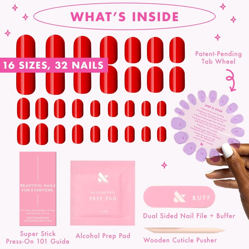 Olive & June Classic Super Stick Mani Press On Nails | No Glue Needed | 32 Tab Nails 16 Sizes | Non-Toxic Tabs Easy On-Off Non-Damaging Realist Look | 7-Day Wear | Short, Round| Lollipop Cherry Red