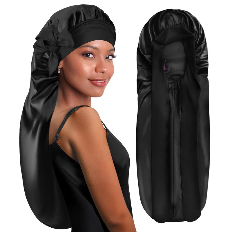 BONNET QUEEN Braid Bonnet Silk Bonnet Foldable Extra Long Wrap for Braids Satin Bonnets with Tie Band Long Sleep Cap, Black
