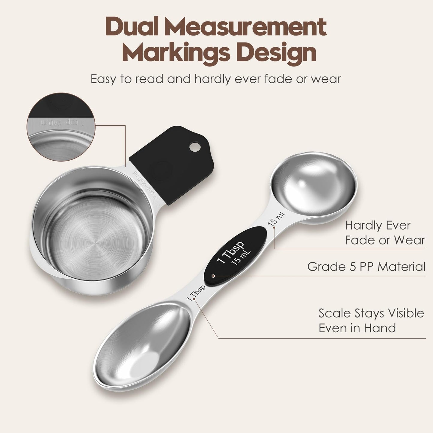 Abtrino Magnetic Measuring Cups and Spoons Set – 304 Stainless Steel | Dual-sided Design | 15-Piece with Leveler | N52 Space-Saving Magnetic Nesting | Baking & Meal Prep | Kitchen Gift (Black)