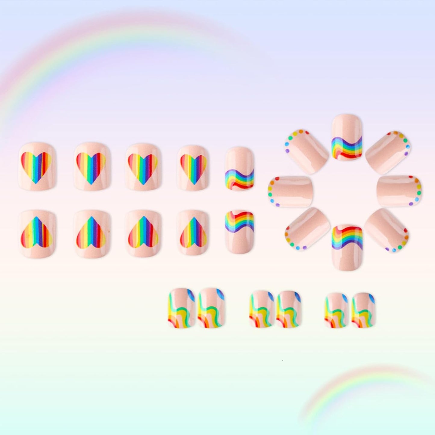 Skiennix Rainbow Stripe Press-On Nails - Colorful Heart Polka Dot Design | Short Square, 24 Pcs