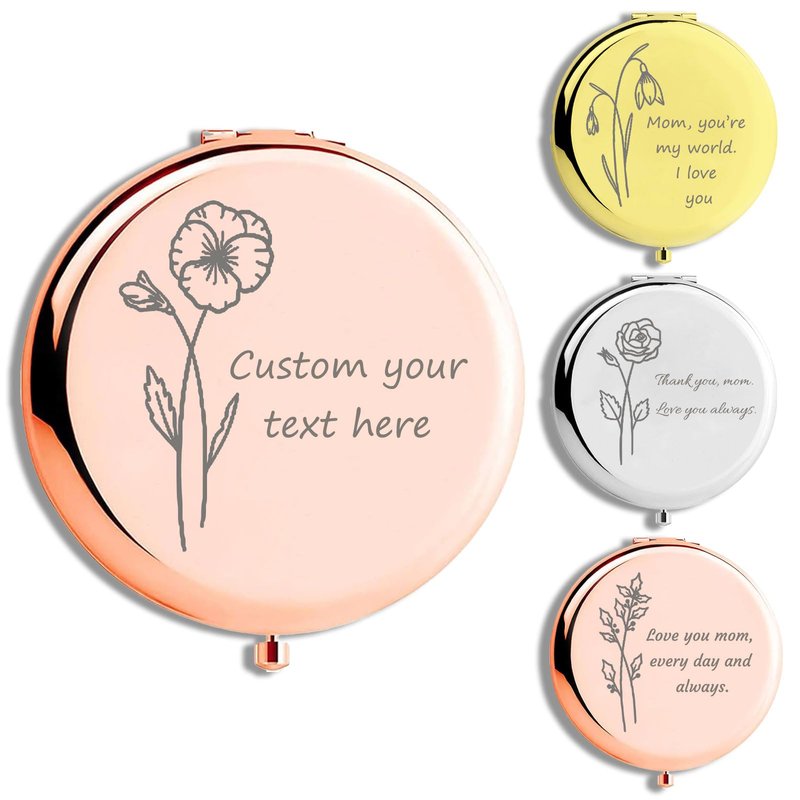 RSQGT Personalized Compact Mirror Custom Engraved with Birth Flowers and Text, Dual-Sided Small Mirror for Travel, Purse Bridesmaid Wedding Birthday Gift for Mom Friend Sister (Rose)