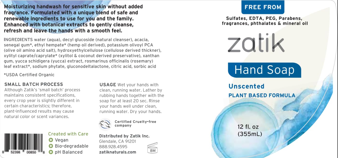 Zatik Naturals - Liquid Hand Soap (Unscented), Moisturizing Handwash, Grey-Water Safe,12 oz (Pack of 1)