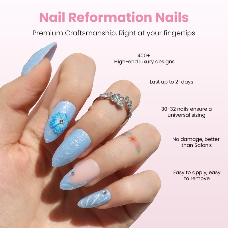 Nail Reformation Press On Nails, Blue Agate | Summer Medium Almond Fake Nails with French Tip & 3D Flowers & Gems in Glossy Finish, Reusable Stick On Nails in 15 Sizes - 30 Nail Kit, Gifts for Women