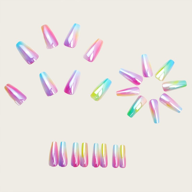 Laser Press on Nails Medium Coffin Fake Nails Rainbow Aurora Acrylic False Nails with Glossy Designs Colorful Gradient Full Cover Stick on Nail Reusable Glue on Nail for Women Girls 24Pcs