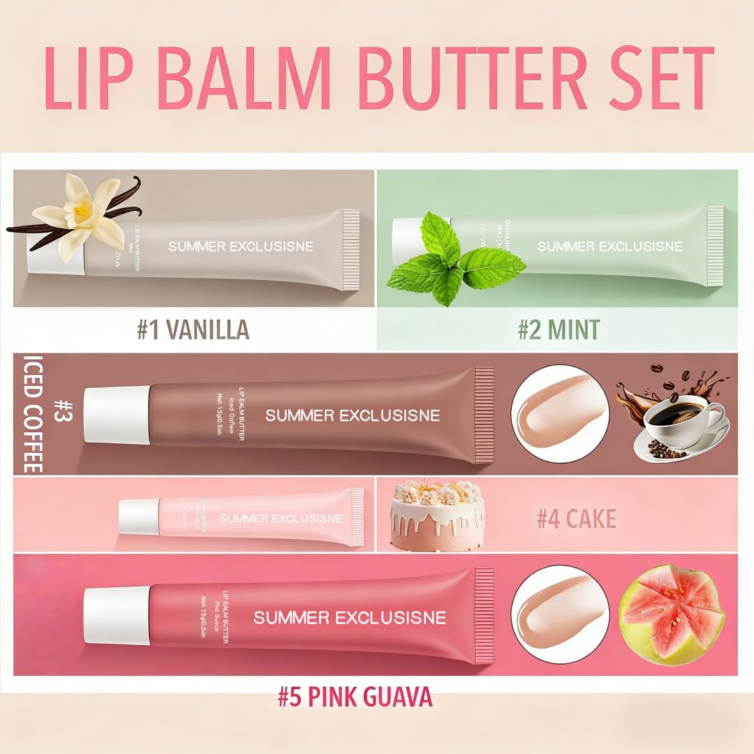 Tinted Lip Butter Balm - Hydrating & Nourishing Care for Dry Lips | 5 Colors: Vanilla, Mint, Coffee, Cake, Guava
