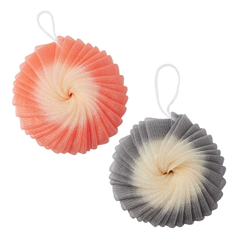 Éclat Mesh Bath Sponge Loofah Ball, Soft Exfoliating Body Scrubber for Wash, Rich-Lather Nylon Net Puff with Quick-Dry Hanging Loop, Gentle Daily Cleanser (Orange/Grey, 2Pcs)