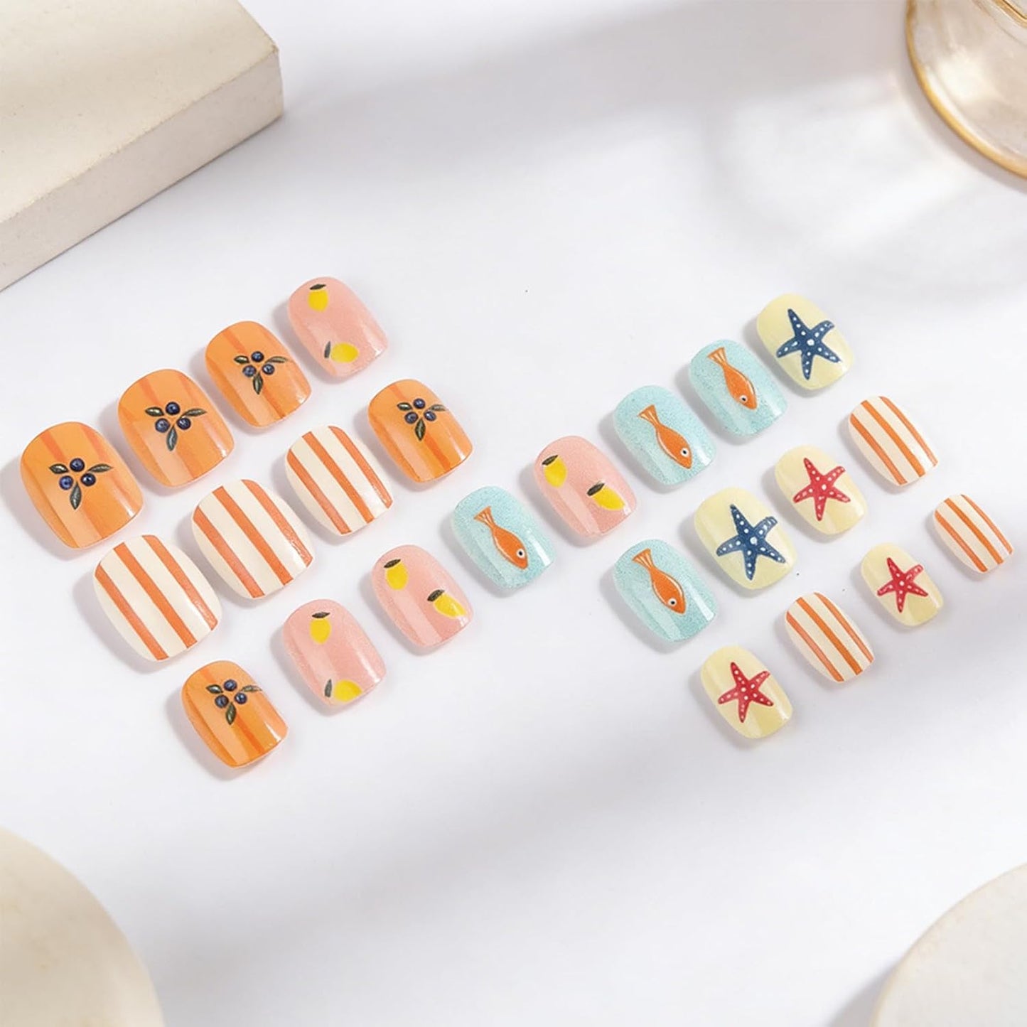 Skiennix Short Square Press-On Nails - Colorful Summer Designs with Starfish & Stripes | 24 Pcs
