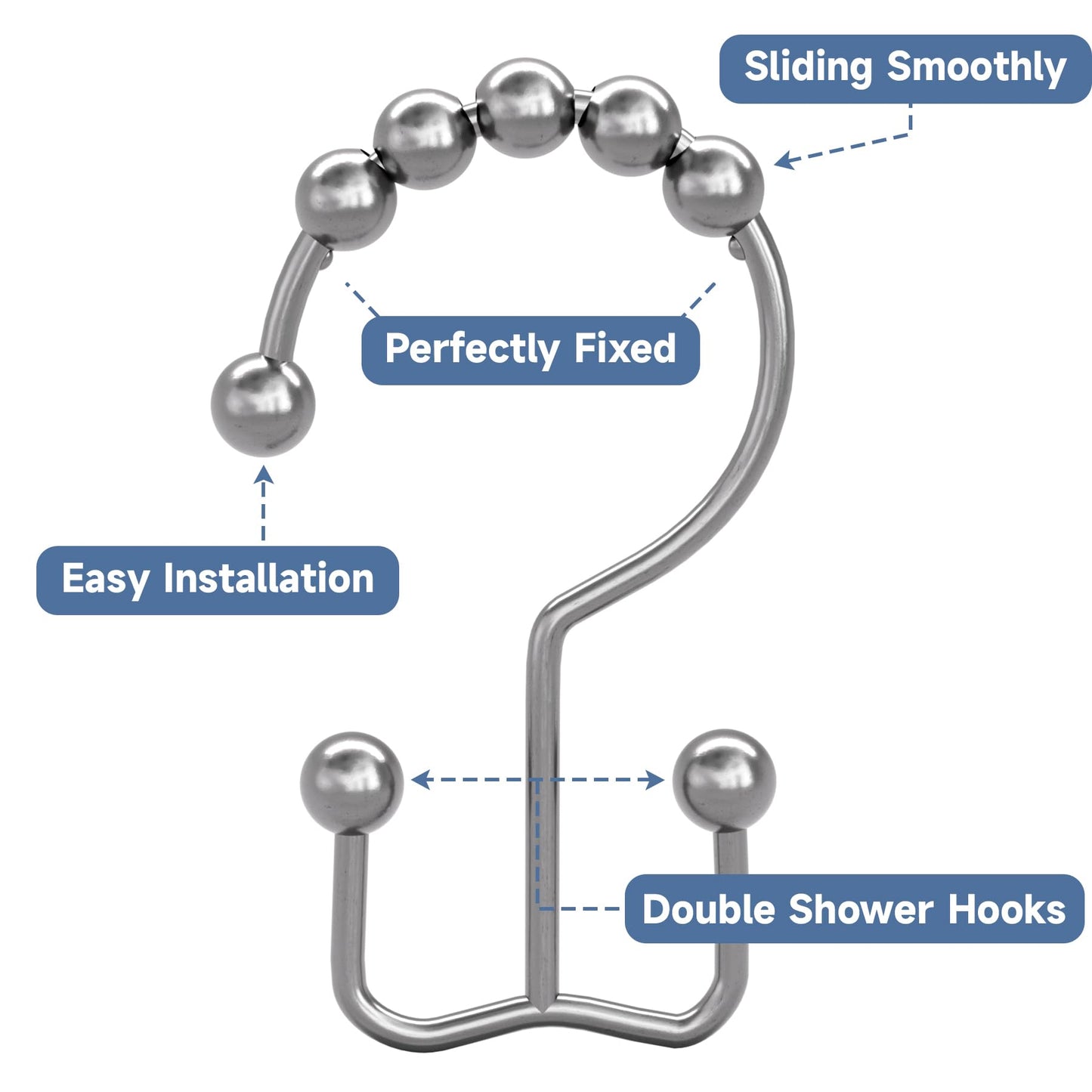 Titanker Double Shower Curtain Hooks, Rust Proof Shower Curtain Rings, Metal Shower Hooks for Bathroom Shower Rods Curtains, Set of 12 Hooks - Chrome