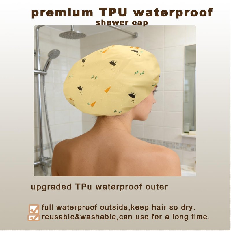 Genergy 2pcs Shower Cap for Women,Including Travel bag and Scrunchy. Frizz-Free Silky Liner, Waterproof Reusable Large Bath Bonnet for Short and Long Thick Hair, Soft Adjustable Elastic, Non-slip.