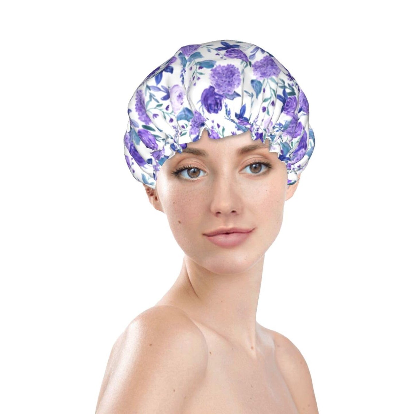 Violet Purple Rose Shower Cap For Women Adjustable Double Waterproof Layers Bathing Shower Hat Hair Protection Reusable Ladies Spa Salon Shower Hat