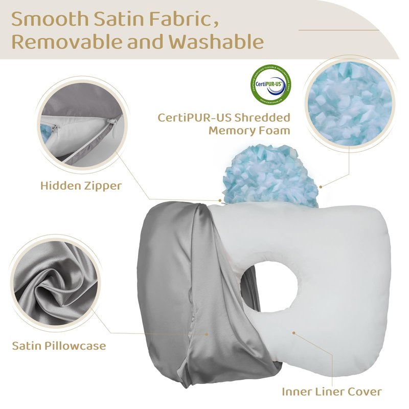 Piercing Pillow - Ear Piercing Pillow With Foam Plug, Adjust Shredded Memory Foam Picrcing Pillow For Side Sleepers, Donut Piliow For Ear With 4.5x4.5''Hole, Ergonomic Curved Design, Satin grey