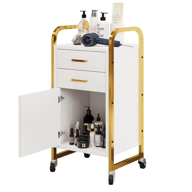 4ever2buy White and Gold Salon Trolley Cart with Wheels, Salon Cart with Drawers and Cabinet, Rolling Cart for Hair Stylist, Professional Salon Stations Organizer