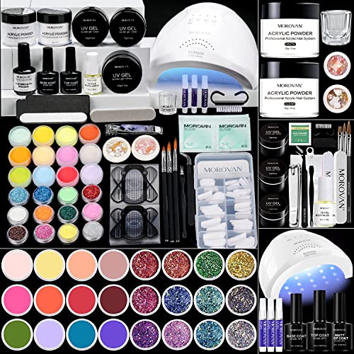 Morovan Professional Acrylic Nail Kit With UV Lamp, Powder Glitter, Brush for Nails Extension - Beginner Set