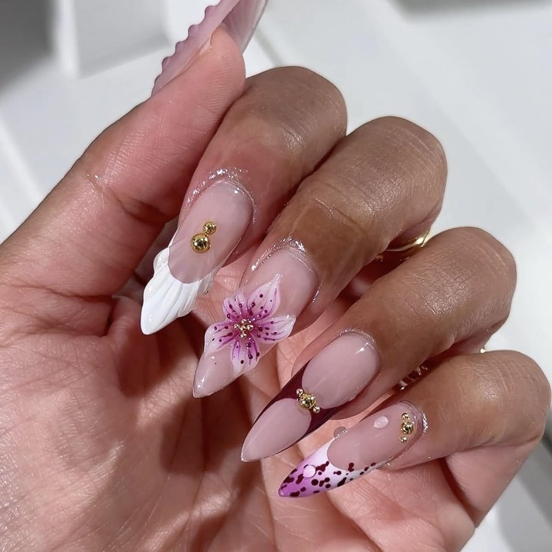 Almond Press-On Nails - Medium White French Tip with 3D Purple Flowers | Full Cover Acrylic Nail Art Kit - 24 Pcs