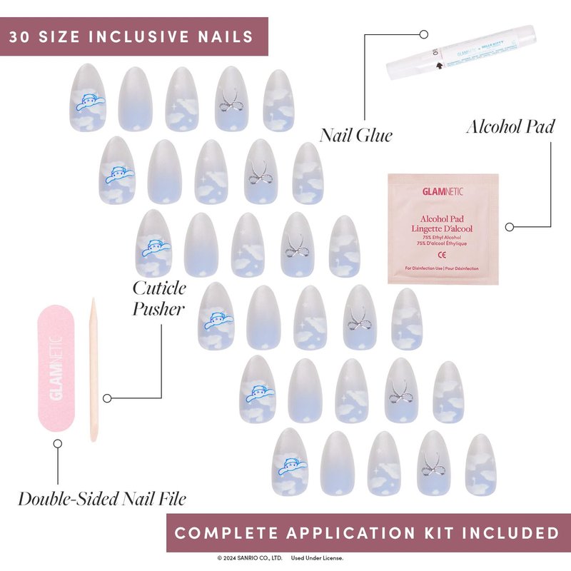 Glamnetic x Hello Kitty® and Friends Press On Nails - Cinnamoroll™ Cloud | Pale Blue 3D Cloud Graphic Fake Nails in a Velvet Finish | 15 Sizes - 30 Nail Kit with Glue
