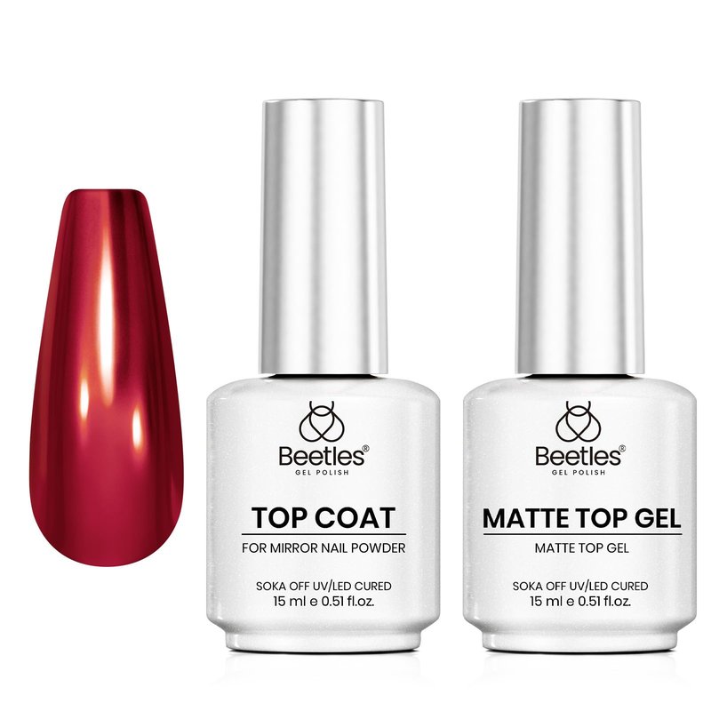 Beetles Gel Top Coat for Chrome Nail Powder, 15ml Chrome Top Coat,15ml Matte Top Coat with Red Green Mirror Chrome Powder Shiny Gloss No Wipe Long Lasting Soak Off Nail Lamp for Nails Art
