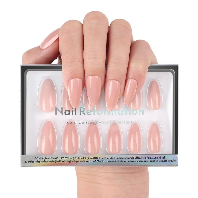 Nail Reformation Press On Nails, Soft Nude | Warm Neutral Pink Medium Almond Fake Nails with Glossy Finish, Opaque Reusable Stick On Nails Kit - 30 Pcs in 15 Sizes with Glue, Manicure Gifts for Women