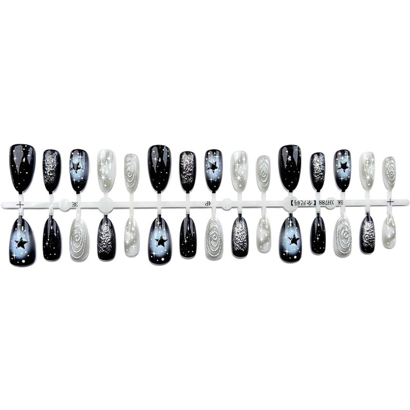 30Pcs Black Press-On Nails - Medium Almond 3D Silver Metal Swirl & Glitter Design | Reusable Glossy False Nails for Parties & Daily Wear