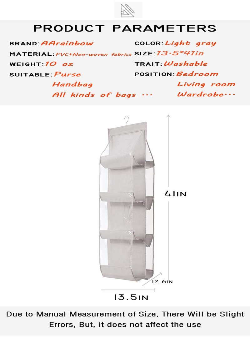 AARAINBOW 2 Packs Hanging Handbag Purse Organizer for Closet, Womens Purse Storage Bag, 8 Pockets Wardrobe Space Saving Purse Holder, Wardrobe Handbag Organizer, 41L*13.5W (B, 2 Gray)