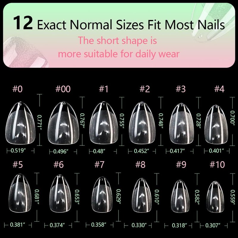 Short Almond Gel Nail Tips - 240 Pcs Half Matted Clear Fake Nails | 12 Sizes Full Cover Acrylic Press-On for DIY