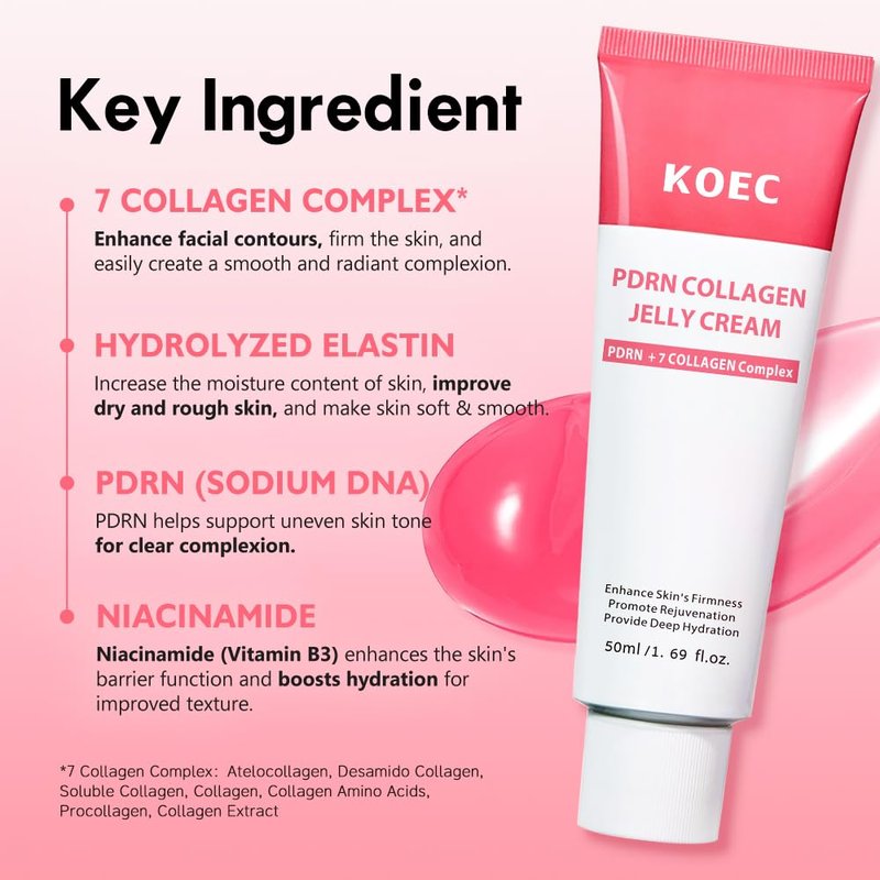 KOEC PDRN Collagen Jelly Cream with 7 Collagen Complex,PDRN Pink Peptide Face Cream for Deep Hydration & Skin Elasticity & Uneven Skin Tone,Face Moisturizer for Glass Skin Glow 1.69 Fl Oz