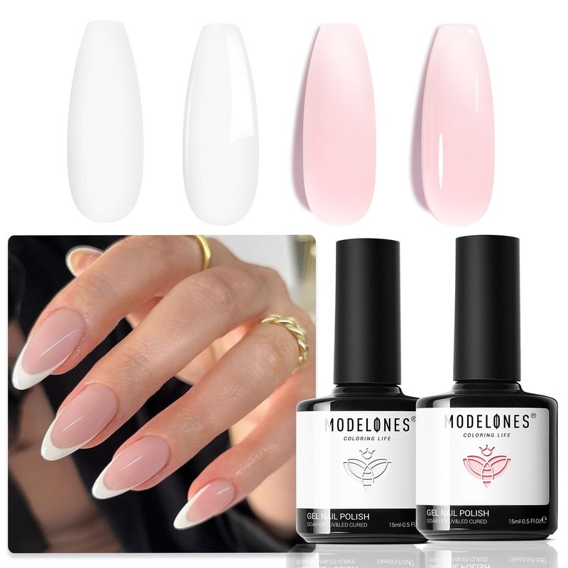 modelones French Manicure Tip Gel Polish Set, 2Pcs 15ML White Jelly Pink Gel Nail Polish Kit Light Pink Milky White French Tip Nail Base Colors Soak Off LED DIY at Home Salon for Women
