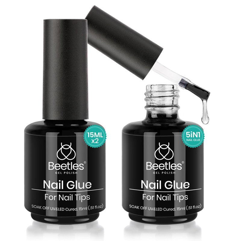 beetles Gel Polish 2Pcs 15ml Nail Glue Kit for Acrylic Nails, 5 in 1 Super Strong Brush in Nail Gel Glue for False Nails Tips and Gel Nail Polish Led Lamp Required