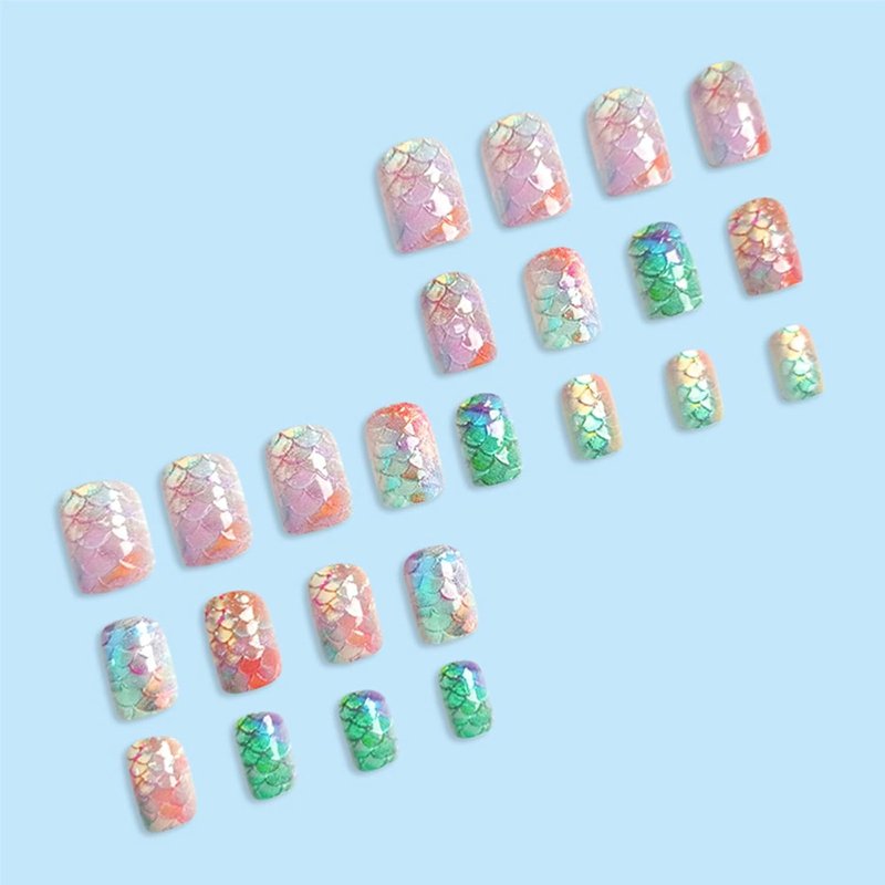Mermaid Press-On Nails - Short Square Gradient Colorful Fake Nails with 3D Fish Scales | 24Pcs Glossy Reusable Summer Vacation Manicure