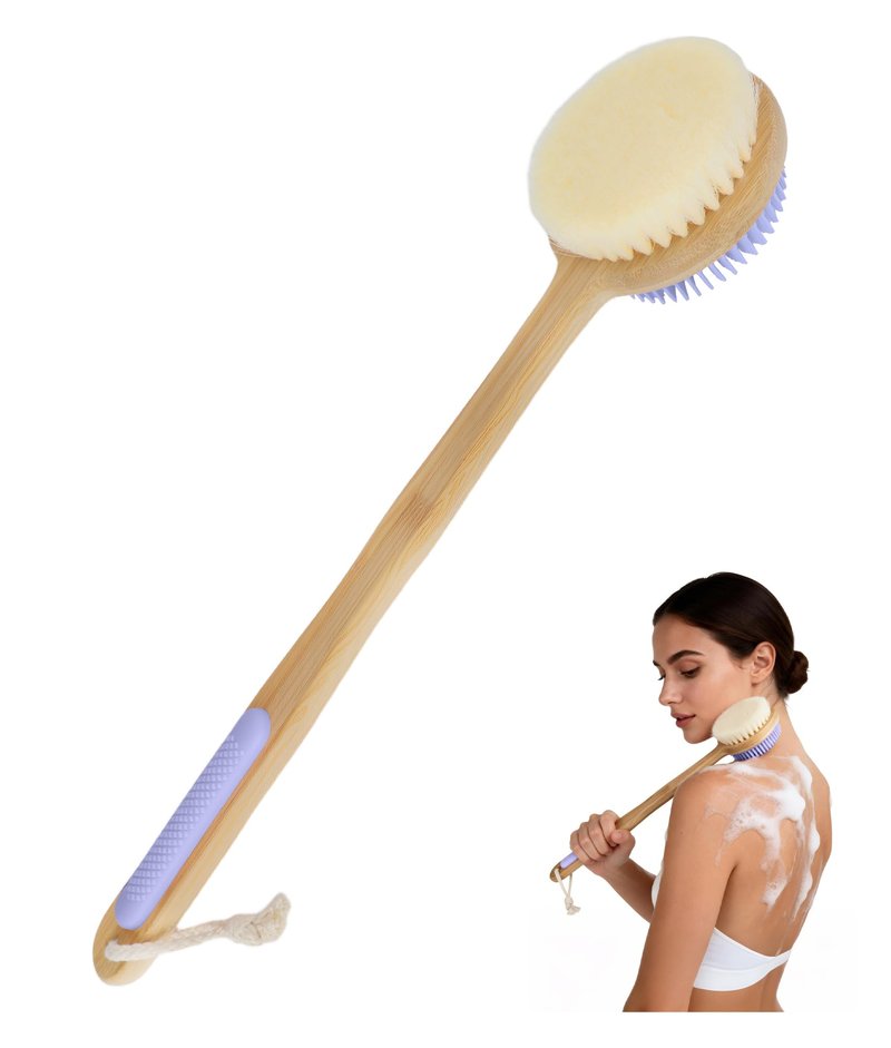 EaTubano Back Scrubber for Shower - Double-Sided Silicone and Super-Dense Bristles for Deep Cleaning & Exfoliation, Bamboo Long Handle with Wider Anti-Slip Grip, Rich Foam, Durable (Purple)