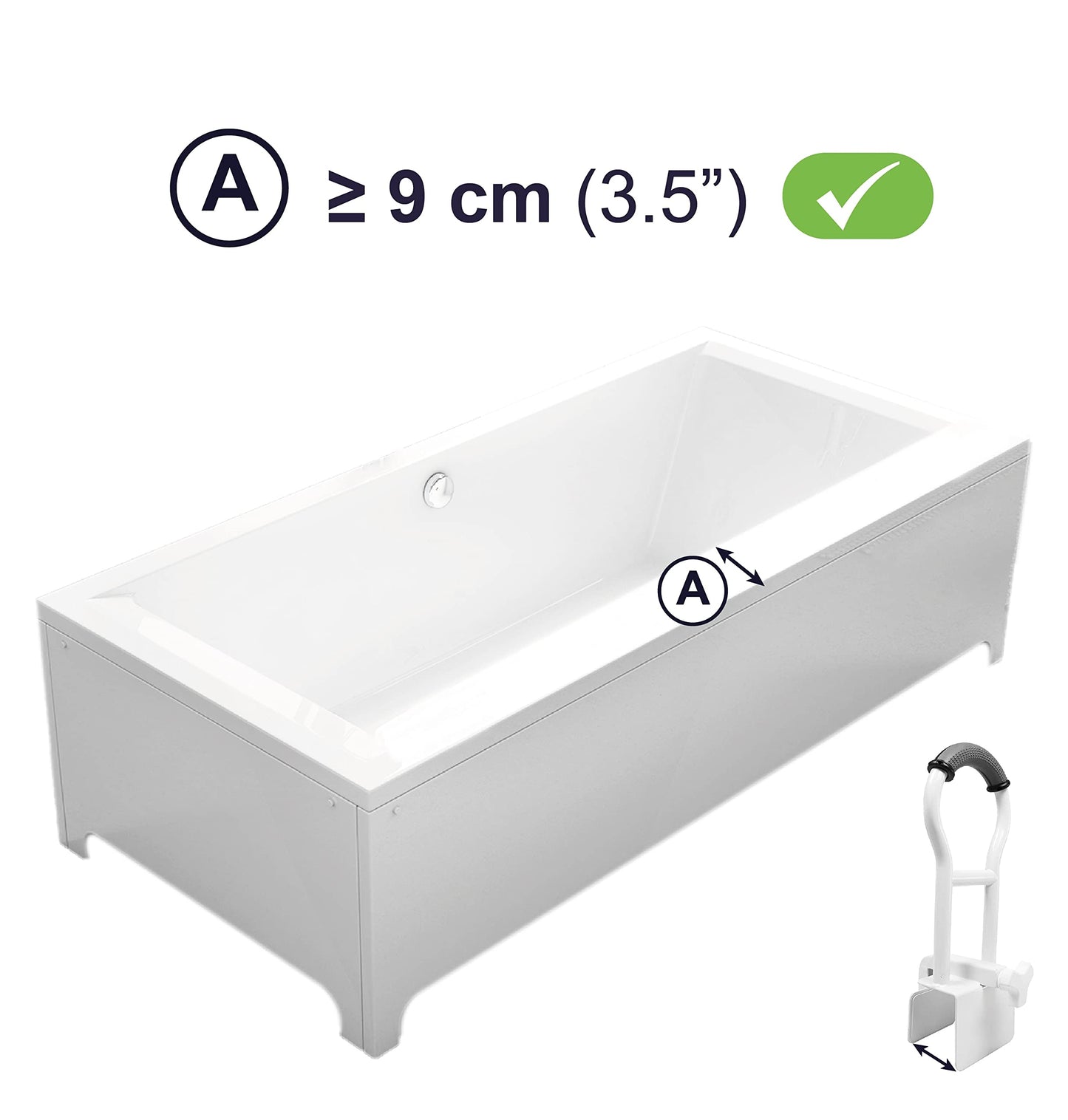 KMINA Bathtub Safety Rail, Padded Non-Slip Grip, Adjustable Grab Bar for Side of Tub, Elderly and Disabled, Fits Over 3.15 Inch Tub Walls, Grey