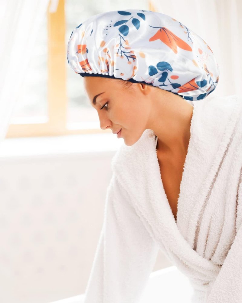Aquior Shower Cap,Terry Lined Shower Cap for Women Reusable, Triple Layer Waterproof Bath Cap, Extra Large for Women Long Hair