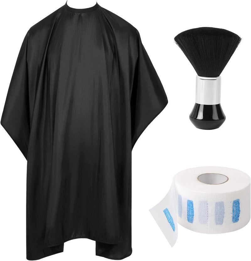 Hair Cutting Cape Set - Waterproof Anti-Static Barber Cape with Neck Brush & Disposable Paper | 57" x 51" (Black)