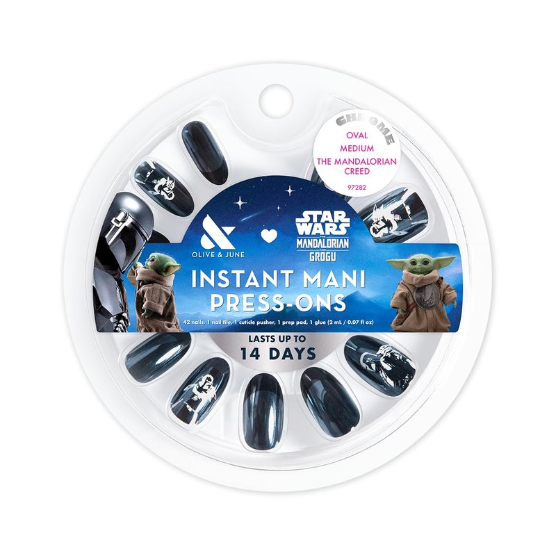 Olive & June Instant Mani Press-On Nails (Glue) | Star Wars: The Mandalorian & Grogu | 42 Fake Nails, 21 Sizes | Non-Toxic, Long-Lasting Up to 14 Days | Medium, Oval | The Mandalorian Creed