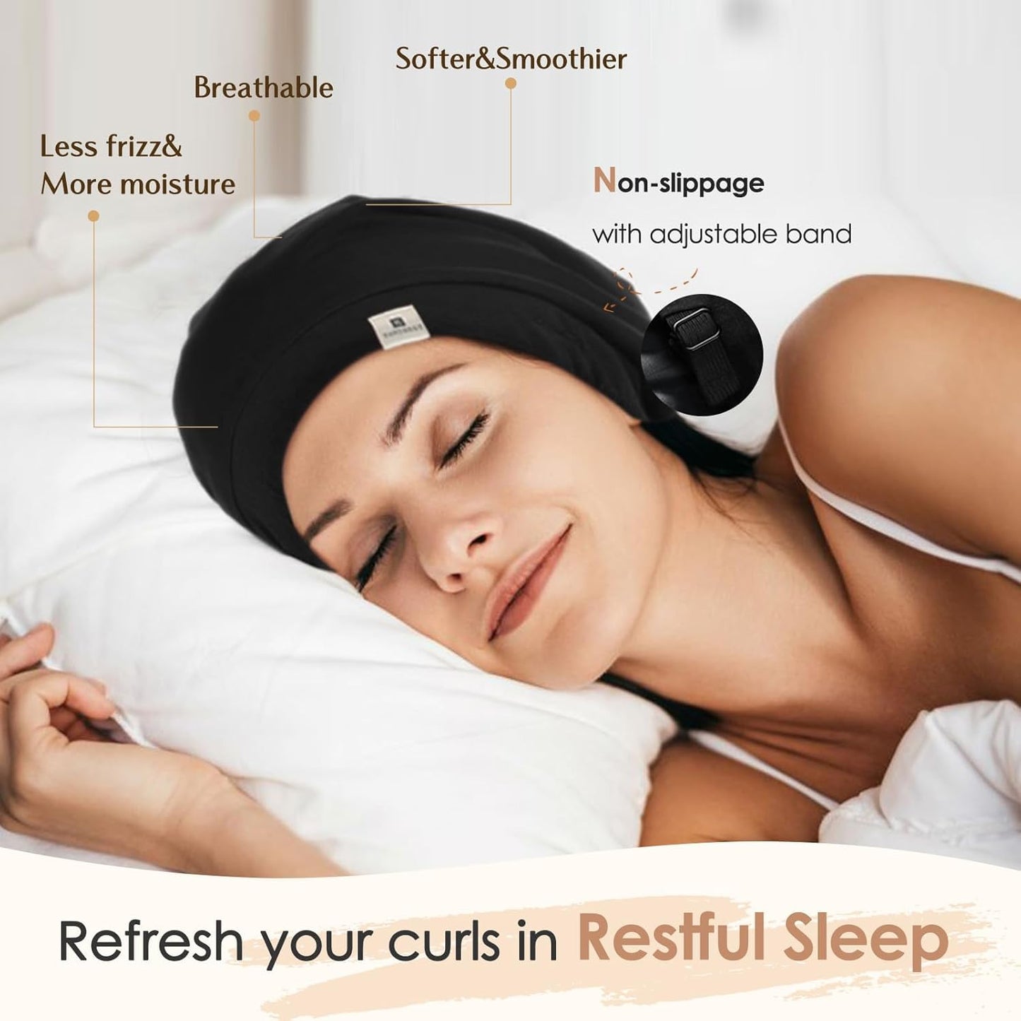 YANIBEST Hair Cover Bonnet Satin Sleep Cap - Adjustable Stay on Silk Lined Slouchy Beanie for Night Sleeping Surgical Hats Pure Black