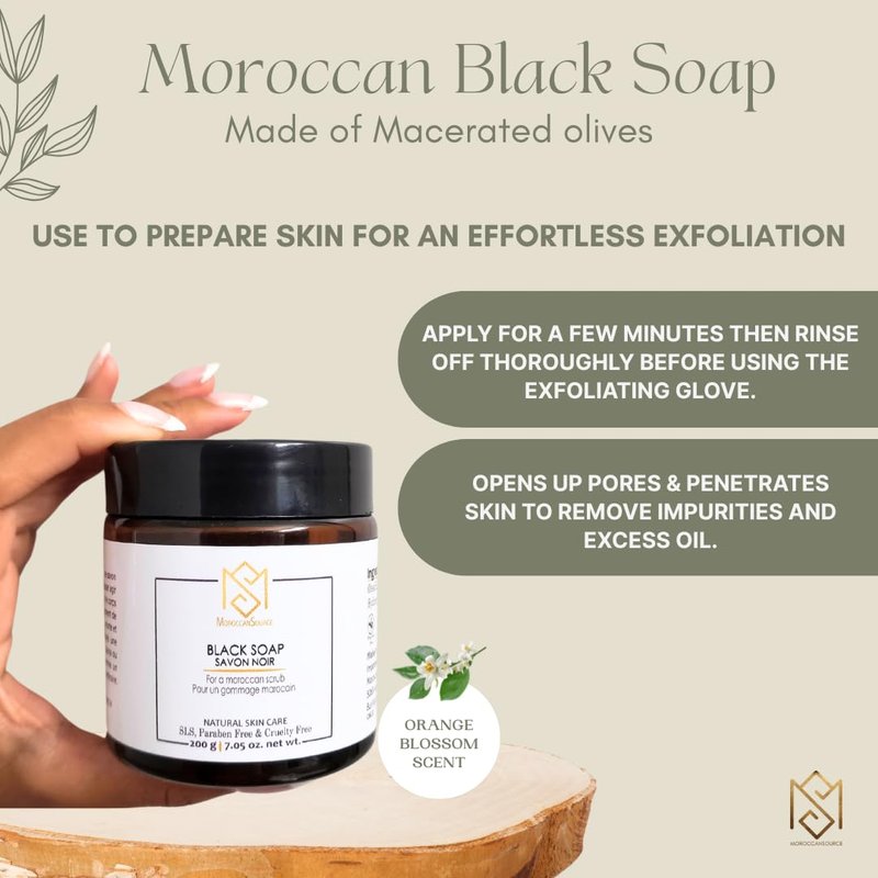 Exfoliating Glove Kessa Mitt Body Scrubber – Dead Skin Remover Shower Glove for Deep Pore Cleansing, Black Soap, and Moisturizer by Moroccan Source – 3 Piece Spa Set Kit
