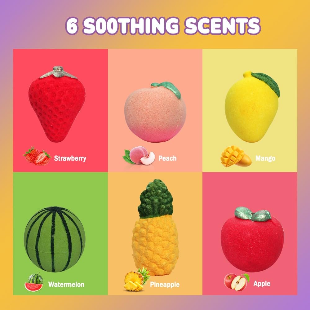 KAV Fruit Family Bath Bomb Set - 6Pcs Fruit Shaped Organic Bath Bombs for Kids, All Natural Scented Bubble Bath Bombs, Skin Safe & Non-Toxic bathbombs, Self Care Girlfriend Gifts for Spa Day