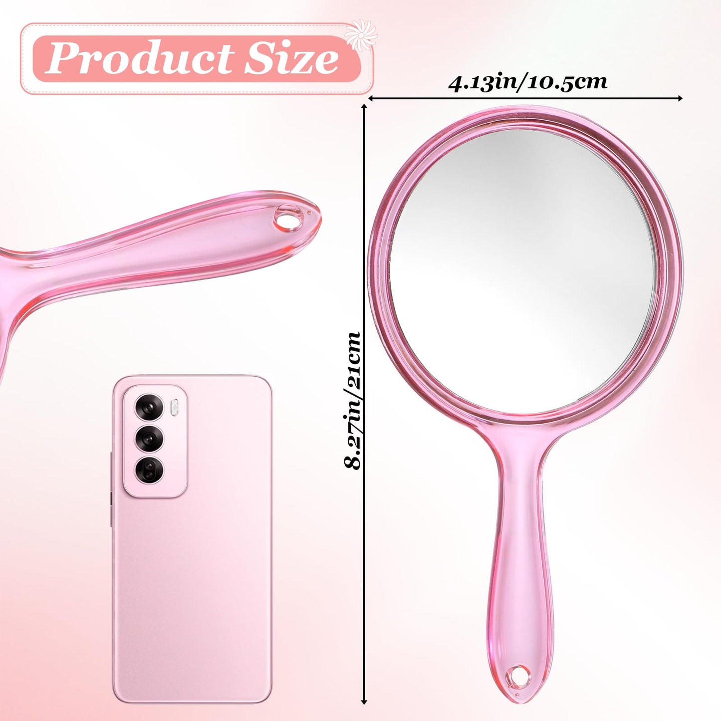 Zyghjort Hand Mirror with Handle, Double-Sided 1X/5X Handheld Magnifying Makeup Mirror for Women Travel Vanity & Salon Face Grooming, Large 8.2"x4.1" - Pink