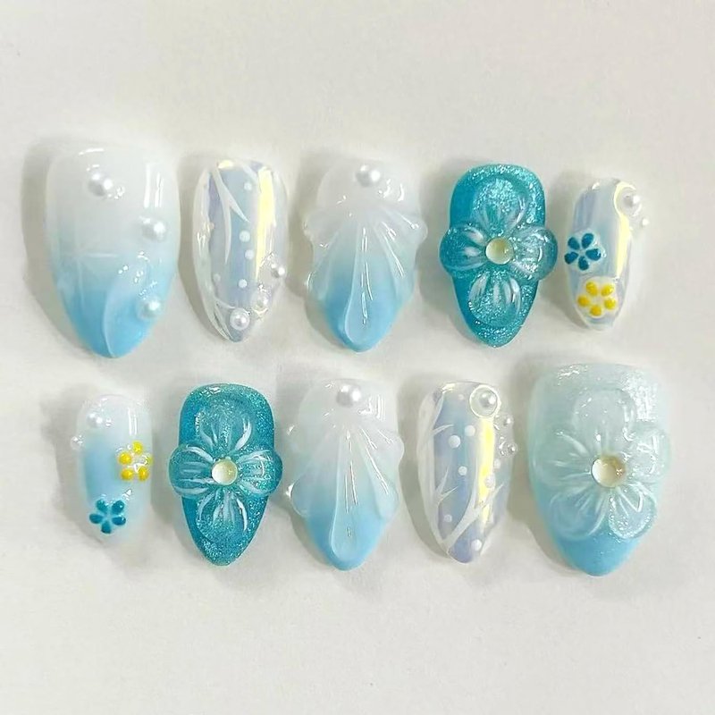 Skiennix 24Pcs Blue Press-On Nails - Short Almond Shape with 3D Flower Pearl Designs | Full Cover Ocean-Inspired Summer Manicure