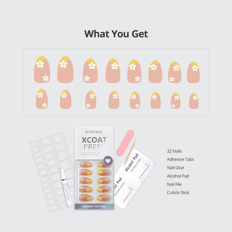 French Tip Press On Nails - Semi-Transparent Short Almond Gel Nails | 32-Piece Kit in 16 Sizes with Glue