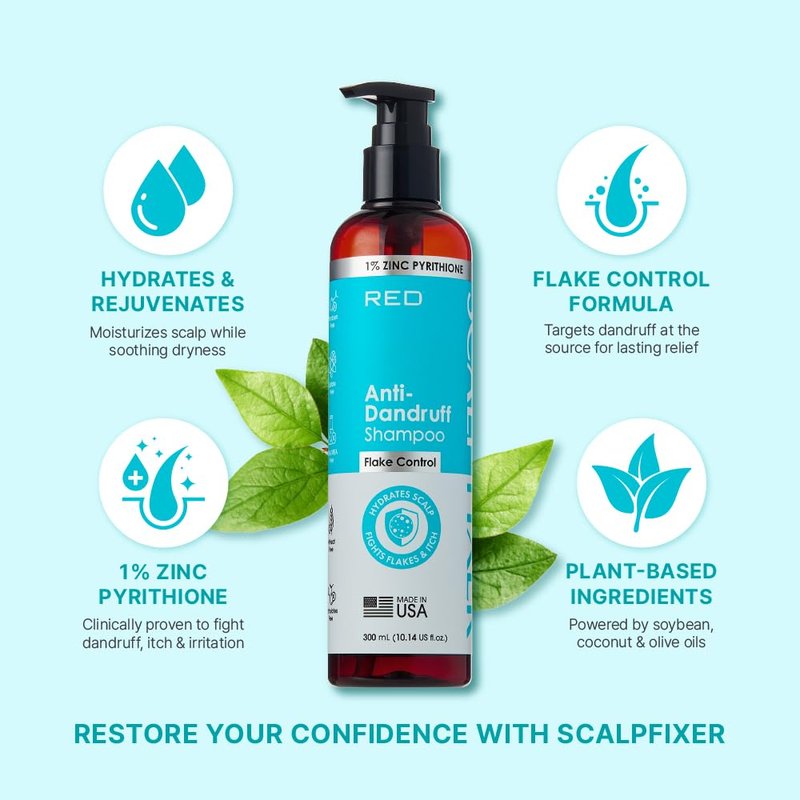 Red by Kiss Scalp Fixer Anti-Dandruff Shampoo with 1% Zinc Pyrithione, Flake Control, Hydrating Formula, Soothes Itchy, Irritated Scalp Plant Based Sulfate Paraben Free Formula (10.14 fl. oz.)