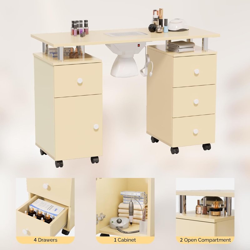 OmySalon Nail Desk - Electric Dust Collector Manicure Table with Storage & Wheels | Almond Cream, 42.5''L