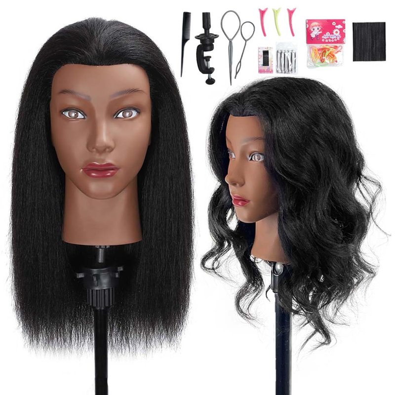 MQHIHI Mannequin Head Human Hair, 100% Real Hair Cosmetology Manikin Doll Head for Hairdresser Practice Braiding with Free Clamp Holder and Tools (16 Inch)