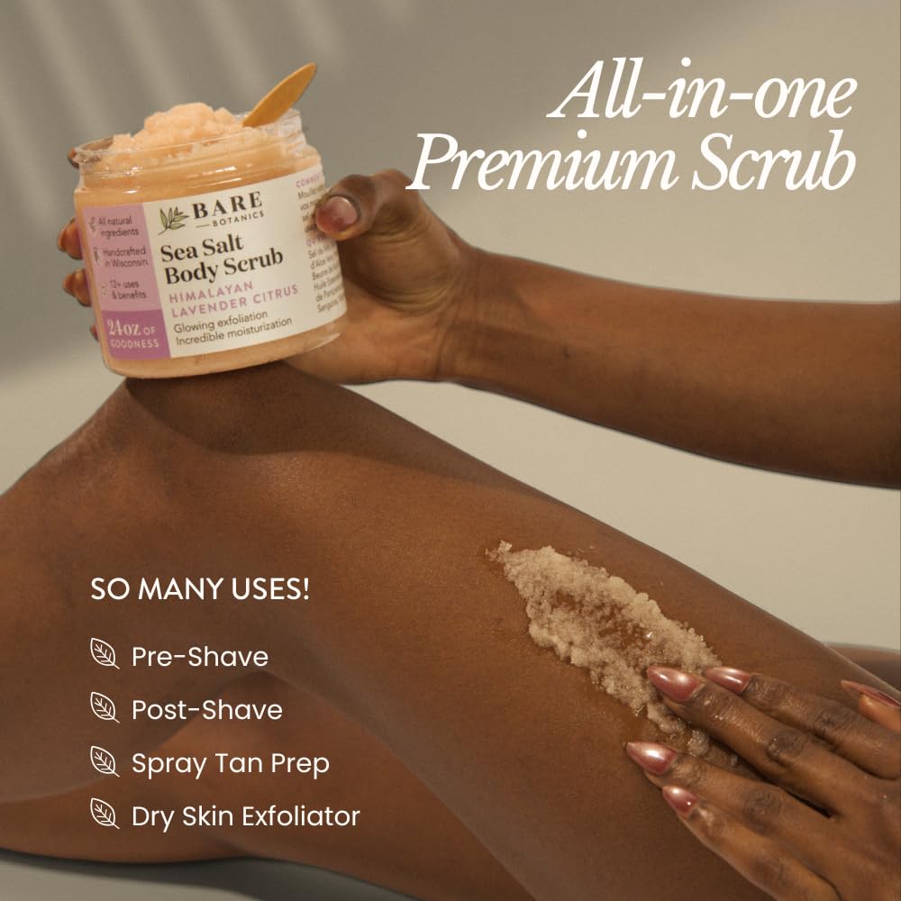 Bare Botanics 24oz Unscented Sea Salt Body Scrub | Non-toxic, Vegan & Cruelty-free | Made in Madison, WI | Full Body Exfoliator & Hydrating Moisturizer with a Cute Wooden Spoon