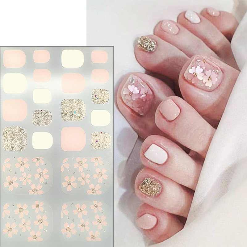 4 Sheets Spring Floral Gel Toe Nail Stickers Full Nail Wraps Summer Cherry Toenail Polish Strips for Women Self-Adhesive Toe Stickers Polish Gel Toenails Stickers with 1pcs Nail File
