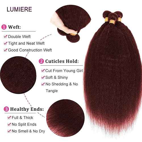 Wine Red Bundles Human Hair Yaki Straight Bundles 12 14 16 Inch #99J Burgundy Kinky Straight Bundle Unprocessed Brazilian Virgin Weave Hair 3 Bundle 50 Gram Per Bundle
