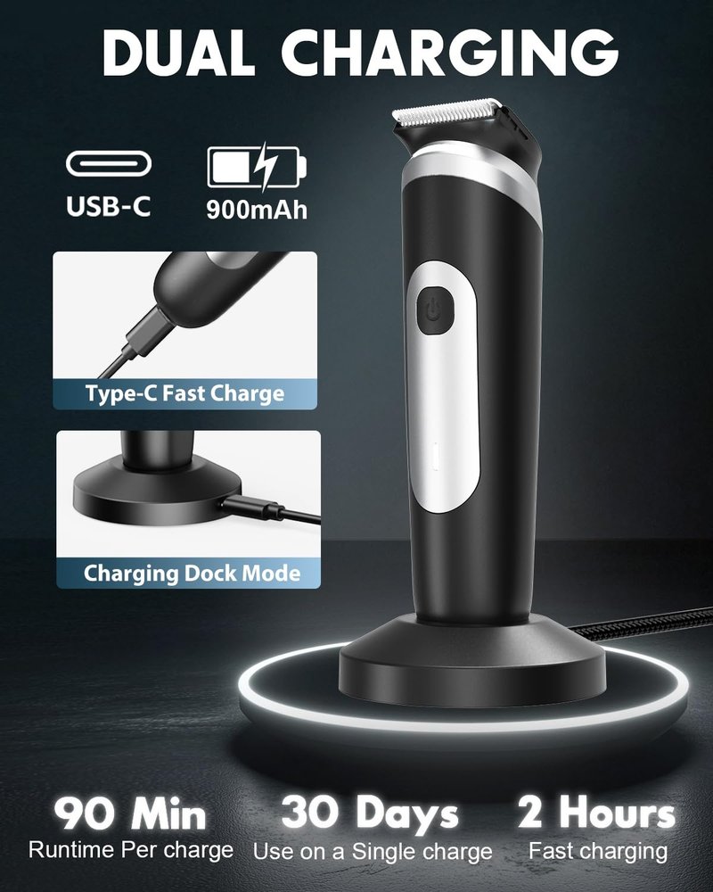 LOBINH Electric Body Hair Trimmer for Men - Pubic Shaver with Ceramic Blades (No Nicks) - Mens Wireless Ball Shaver, Waterproof Wet/Dry Electric Razor, USB Recharge Dock