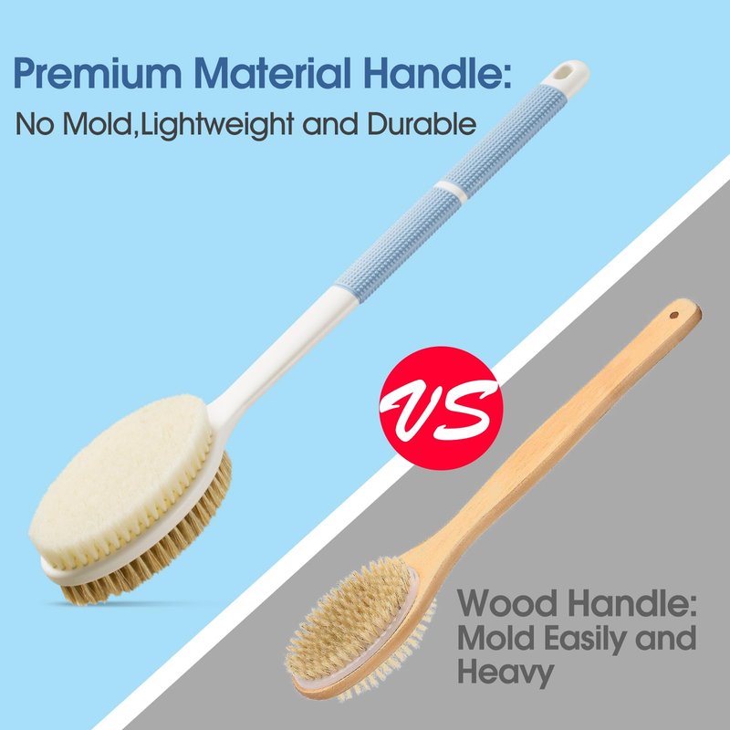 Backski Anti-Slip Body Scrubber for Shower, Long Handle Brush With Stiff and Soft Bristles, Exfoliator for Bath or Dry Brushing