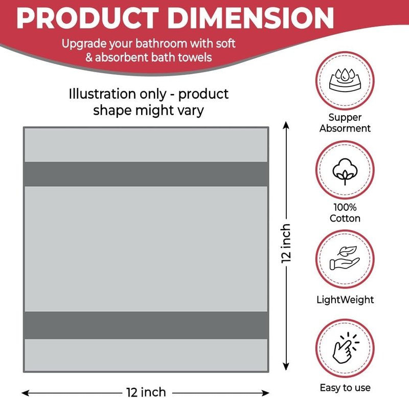 QUBA LINEN 100% Cotton Washcloth Set – Soft, Absorbent Face Towels for Bathroom & Gym Use – Durable & Reusable Wash Cloths - Dark Grey, White & Burgundy, 12x12 Inches, Pack of 12