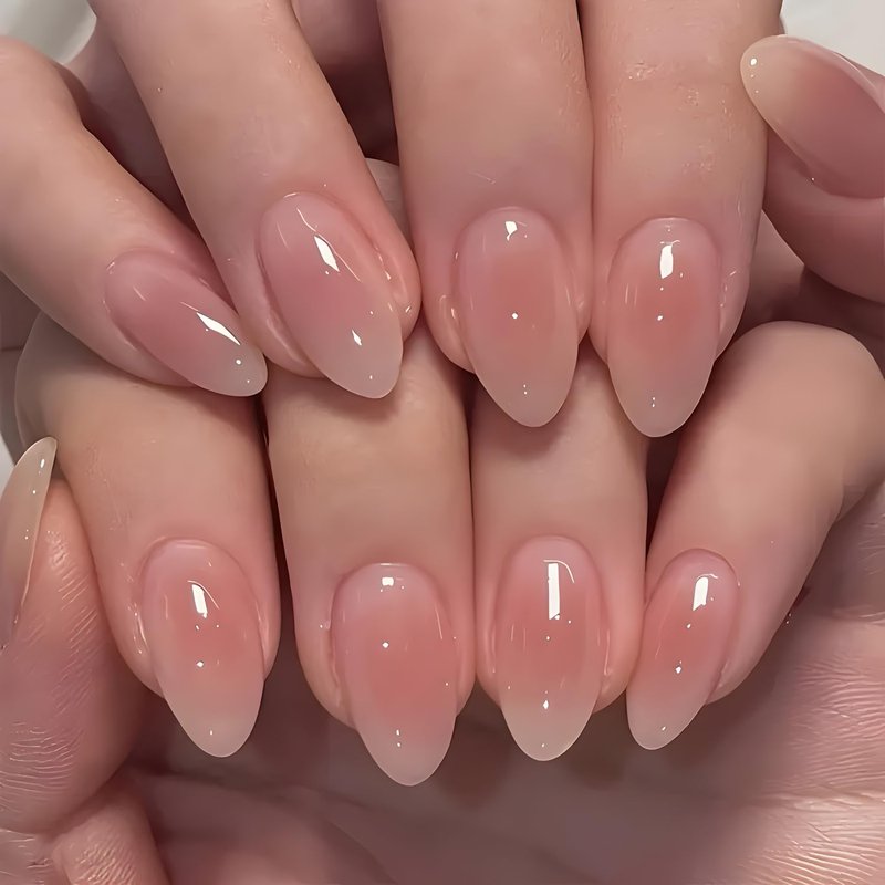 Skiennix 24Pcs Nude Press-On Nails - Short Almond Gradient Design | Glossy Full Cover for Women